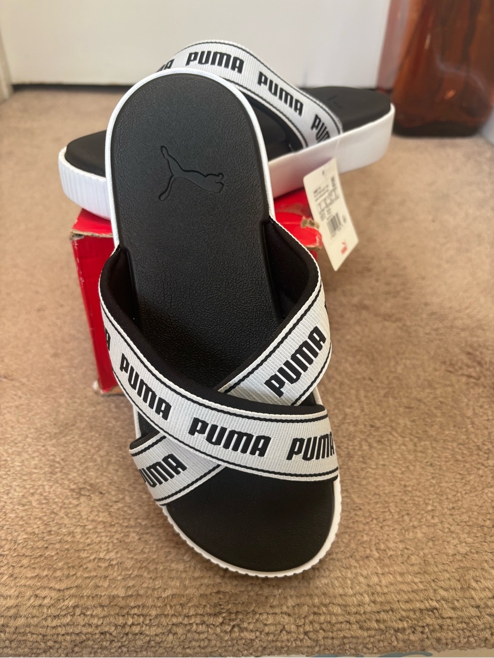 Puma Black and White Cross-Strap Slide Sandals